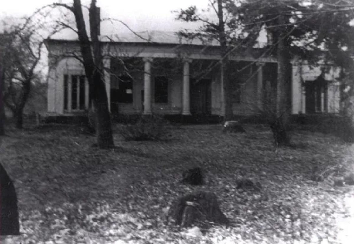 A scan of an old black and white photo of the mansion that once existed at Swift's Hollow